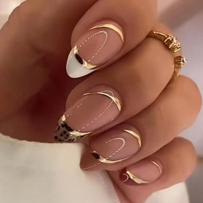 24Pcs Short Almond French False Nails Full Cover Artificial Fake Nails Press on Nails Tips Reusable Adhesive False Nails