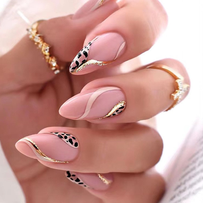 24Pcs Short Almond French False Nails Full Cover Artificial Fake Nails Press on Nails Tips Reusable Adhesive False Nails