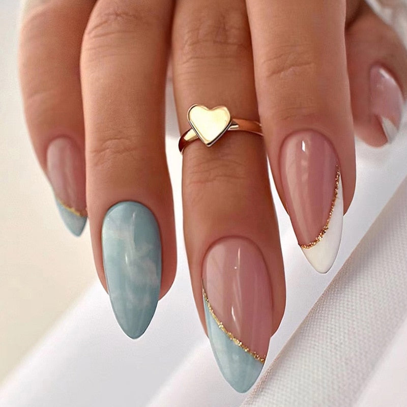 24Pcs Short Almond French False Nails Full Cover Artificial Fake Nails Press on Nails Tips Reusable Adhesive False Nails