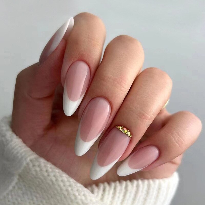 24Pcs Short Almond French False Nails Full Cover Artificial Fake Nails Press on Nails Tips Reusable Adhesive False Nails