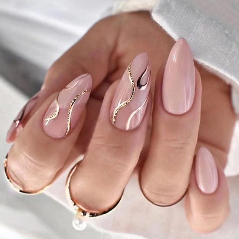 24Pcs Short Almond French False Nails Full Cover Artificial Fake Nails Press on Nails Tips Reusable Adhesive False Nails