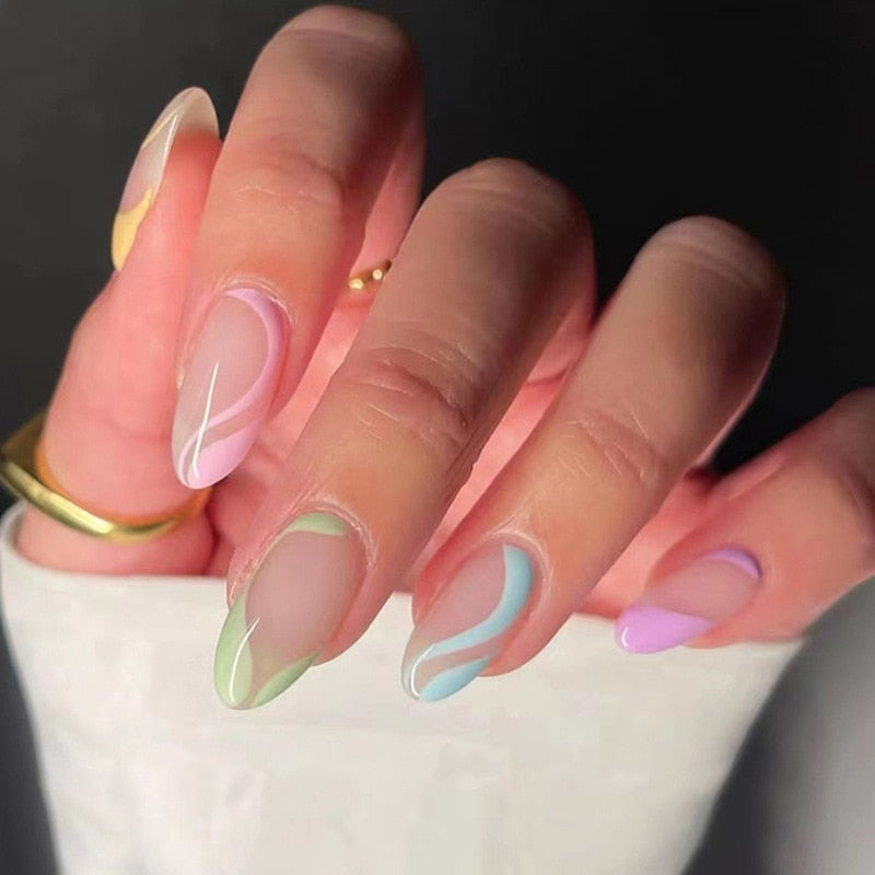 24Pcs Short Almond French False Nails Full Cover Artificial Fake Nails Press on Nails Tips Reusable Adhesive False Nails