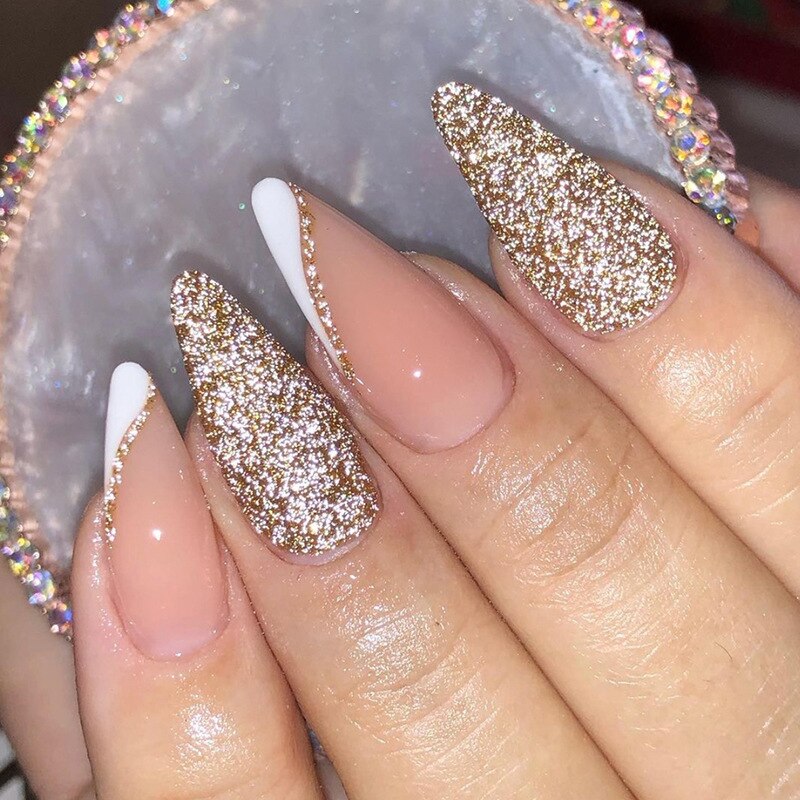 24Pcs Short Almond French False Nails Full Cover Artificial Fake Nails Press on Nails Tips Reusable Adhesive False Nails
