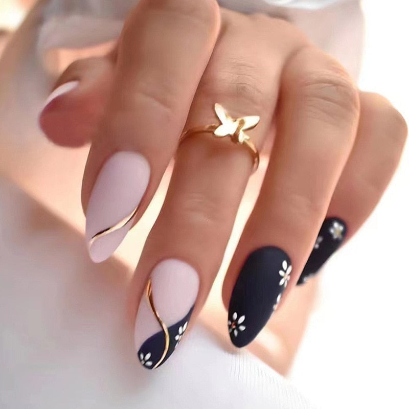 24Pcs Short Almond French False Nails Full Cover Artificial Fake Nails Press on Nails Tips Reusable Adhesive False Nails
