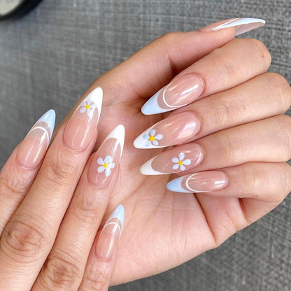 24Pcs Short Almond French False Nails Full Cover Artificial Fake Nails Press on Nails Tips Reusable Adhesive False Nails