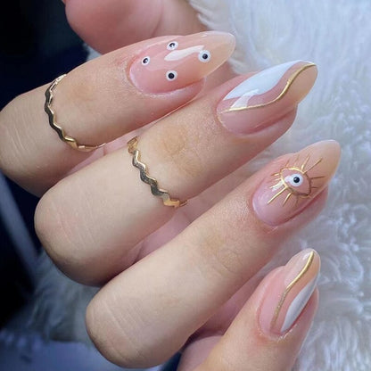 24Pcs Short Almond French False Nails Full Cover Artificial Fake Nails Press on Nails Tips Reusable Adhesive False Nails