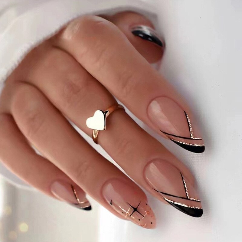 24Pcs Short Almond French False Nails Full Cover Artificial Fake Nails Press on Nails Tips Reusable Adhesive False Nails