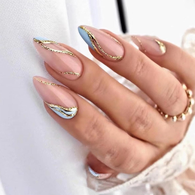 24Pcs Short Almond French False Nails Full Cover Artificial Fake Nails Press on Nails Tips Reusable Adhesive False Nails