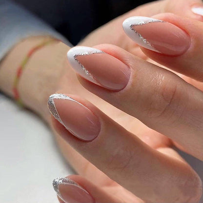 24Pcs Short Almond French False Nails Full Cover Artificial Fake Nails Press on Nails Tips Reusable Adhesive False Nails