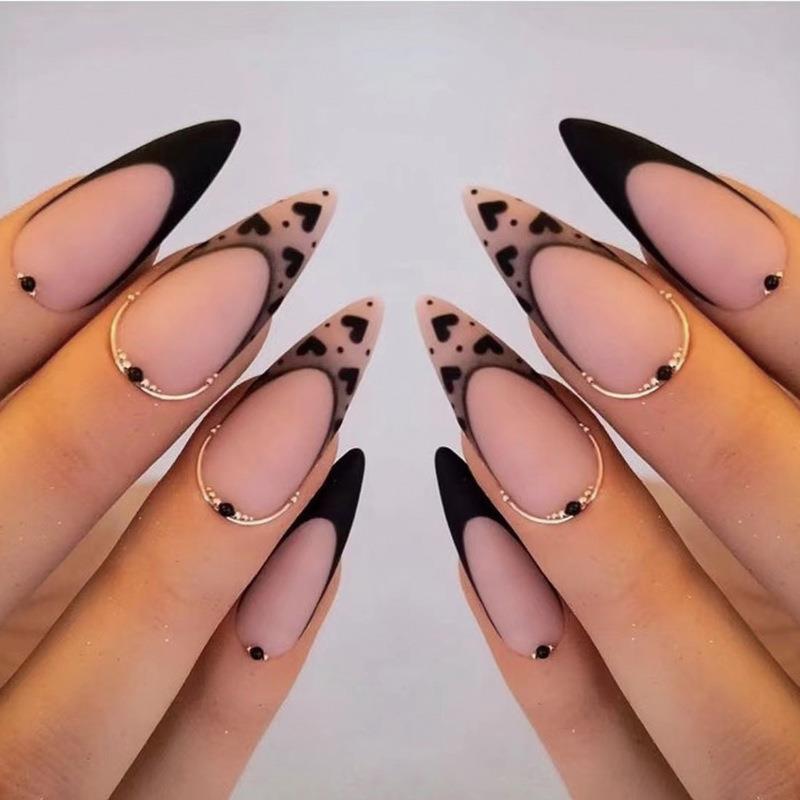 24Pcs Short Almond French False Nails Full Cover Artificial Fake Nails Press on Nails Tips Reusable Adhesive False Nails