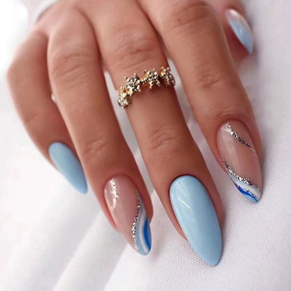 24Pcs Short Almond French False Nails Full Cover Artificial Fake Nails Press on Nails Tips Reusable Adhesive False Nails