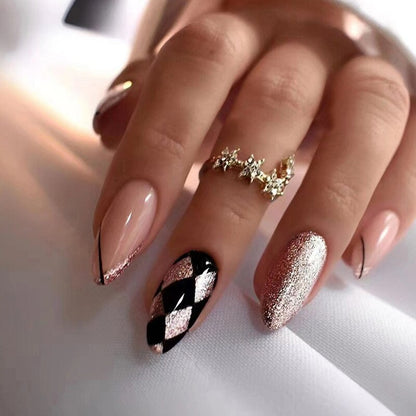 24Pcs Short Almond French False Nails Full Cover Artificial Fake Nails Press on Nails Tips Reusable Adhesive False Nails