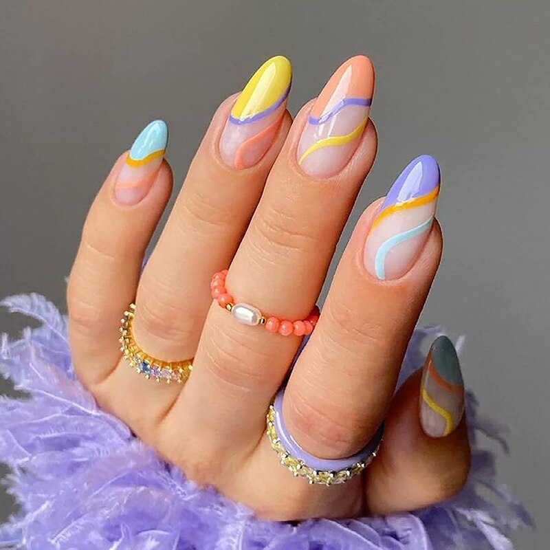 24Pcs Short Almond French False Nails Full Cover Artificial Fake Nails Press on Nails Tips Reusable Adhesive False Nails