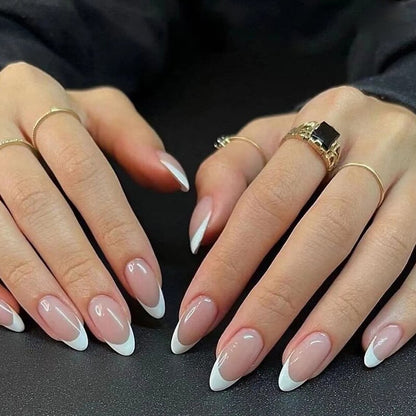 24Pcs Short Almond French False Nails Full Cover Artificial Fake Nails Press on Nails Tips Reusable Adhesive False Nails