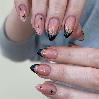 24Pcs Short Almond French False Nails Full Cover Artificial Fake Nails Press on Nails Tips Reusable Adhesive False Nails
