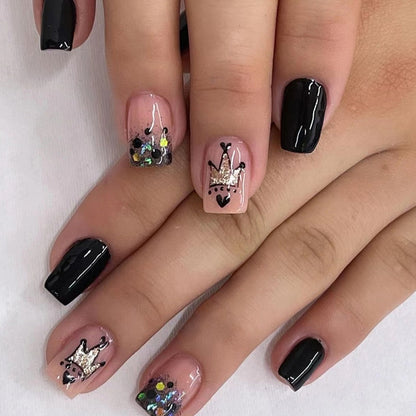 24Pcs Short Square False Nails with Jelly Adhesive Glitter Gradient Design Detachable Fake Fingernails Full Cover Press on Nails