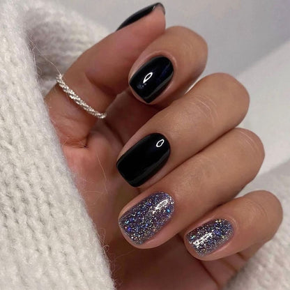 24Pcs Short Square False Nails with Jelly Adhesive Glitter Gradient Design Detachable Fake Fingernails Full Cover Press on Nails