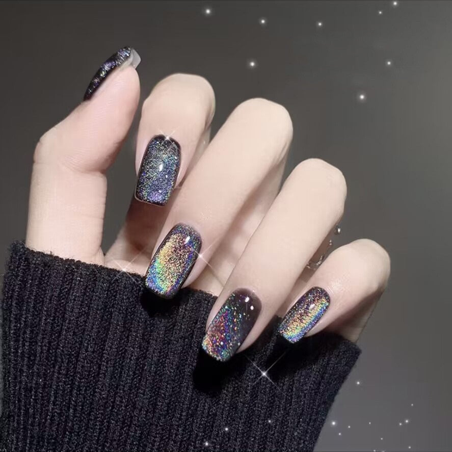 24Pcs Short Square Head False Nails Wearable Cat eye Glitter Sequins Diamond Fake Nails Full Cover Nail Tips Press On Nails