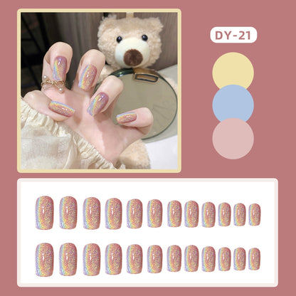 24Pcs Short Square Head False Nails Wearable Cat eye Glitter Sequins Diamond Fake Nails Full Cover Nail Tips Press On Nails