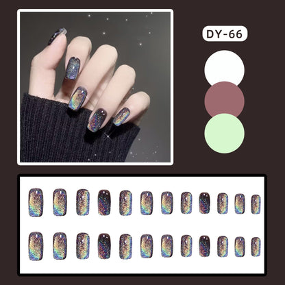 24Pcs Short Square Head False Nails Wearable Cat eye Glitter Sequins Diamond Fake Nails Full Cover Nail Tips Press On Nails