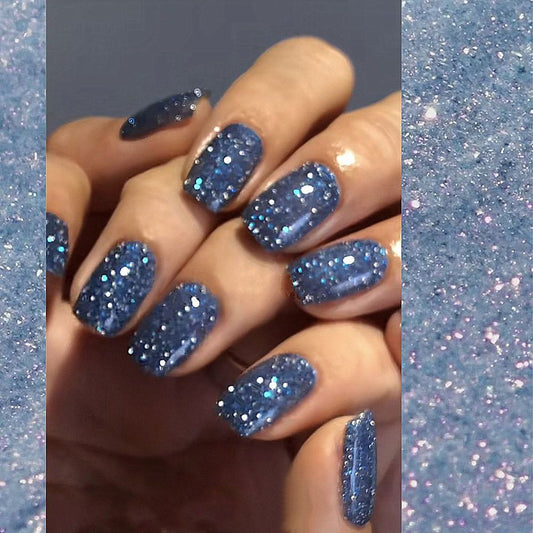 24Pcs Short Square Head False Nails Wearable Cat eye Glitter Sequins Diamond Fake Nails Full Cover Nail Tips Press On Nails
