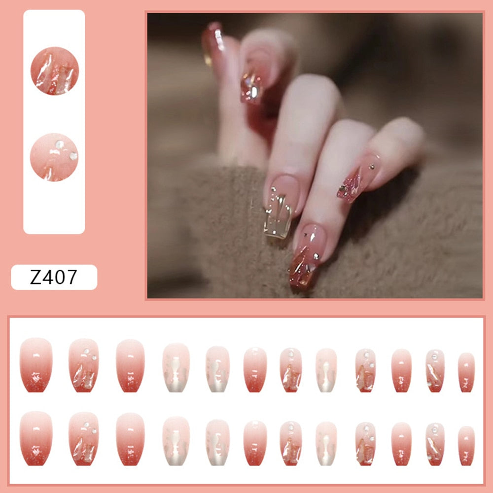 24Pcs Super Shiny False Nails 3D Drop Diamond y2k Mid-length Coffin Ballet Fake Nails Full Finished Fake Nail Patches For Girls