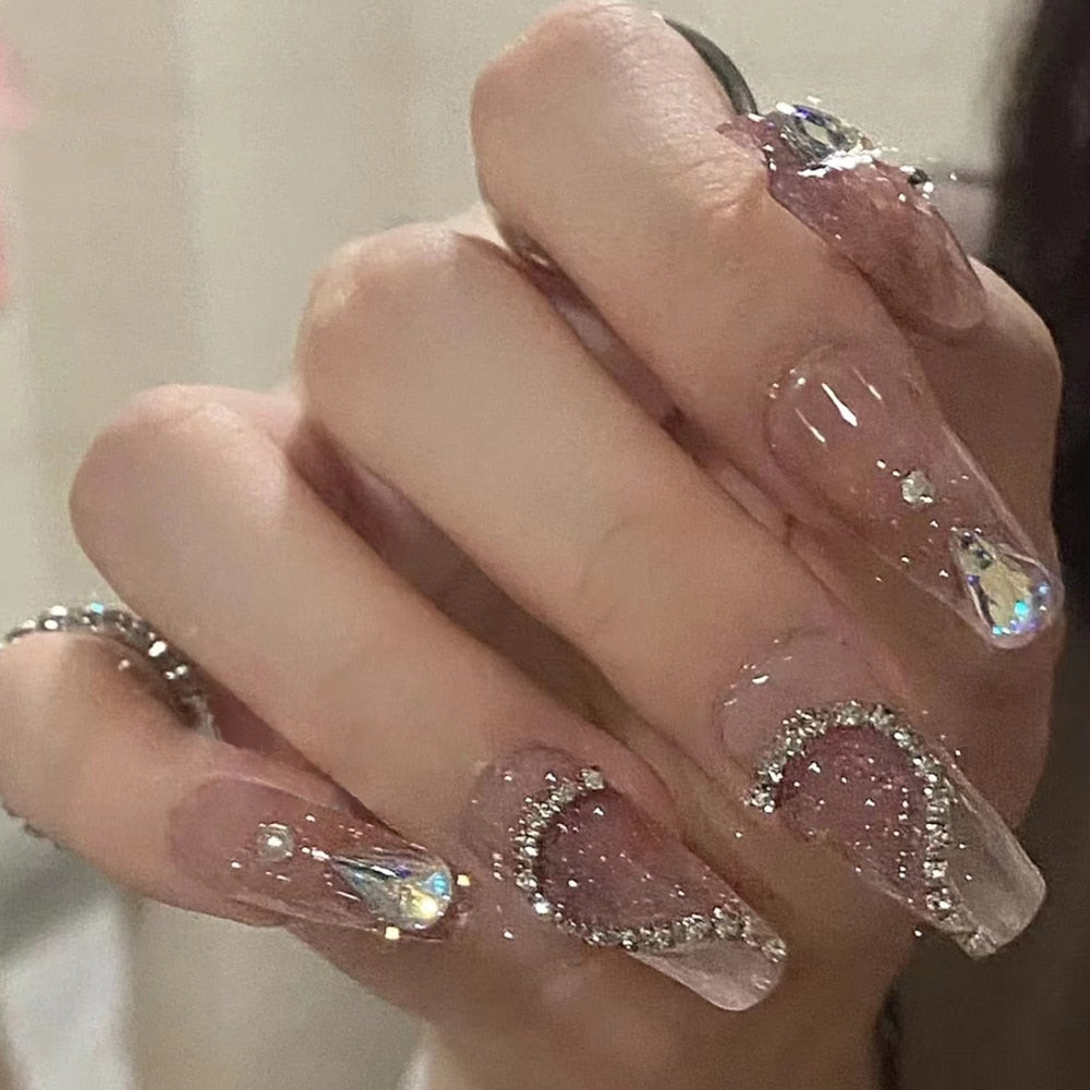 24Pcs Super Shiny False Nails 3D Drop Diamond y2k Mid-length Coffin Ballet Fake Nails Full Finished Fake Nail Patches For Girls