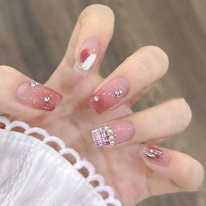 24Pcs Three-dimensional Love Heart False Nails with French Design Long Coffin Wearable Fake Nails Rhinestone Press on Nails Tips