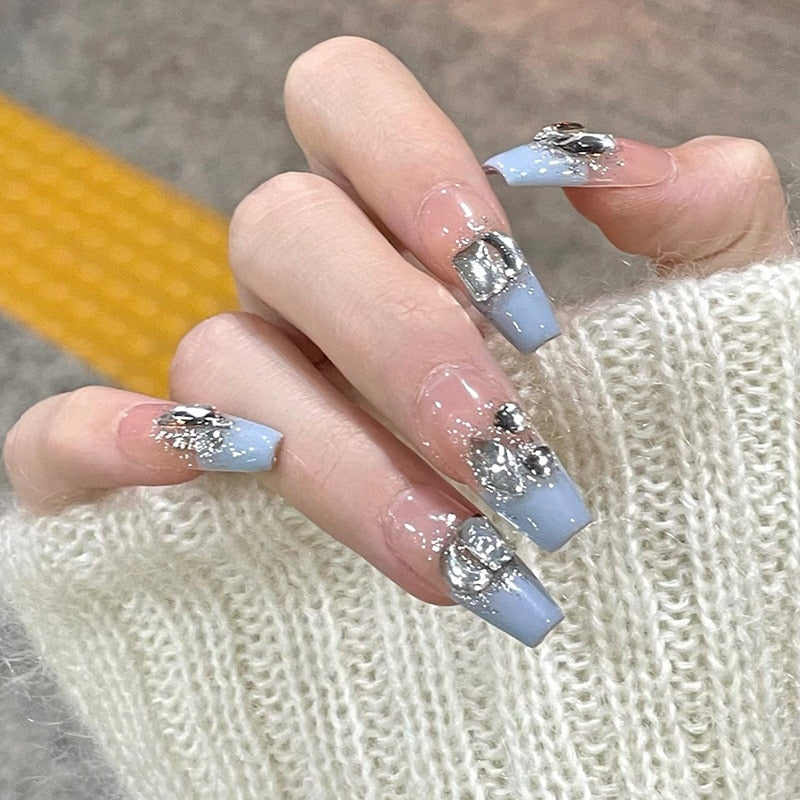 24Pcs Three-dimensional Love Heart False Nails with French Design Long Coffin Wearable Fake Nails Rhinestone Press on Nails Tips