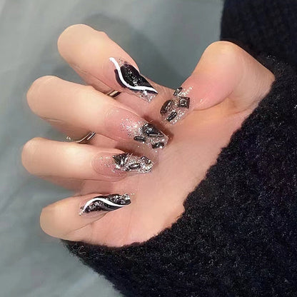 24Pcs Three-dimensional Love Heart False Nails with French Design Long Coffin Wearable Fake Nails Rhinestone Press on Nails Tips