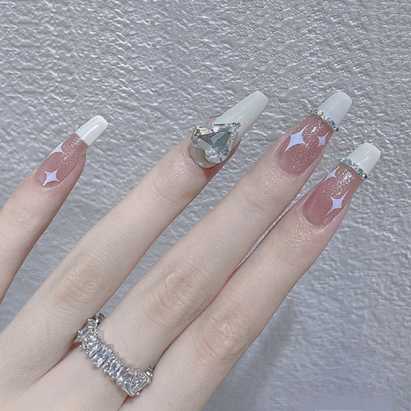 24Pcs Three-dimensional Love Heart False Nails with French Design Long Coffin Wearable Fake Nails Rhinestone Press on Nails Tips