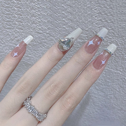 24Pcs Three-dimensional Love Heart False Nails with French Design Long Coffin Wearable Fake Nails Rhinestone Press on Nails Tips