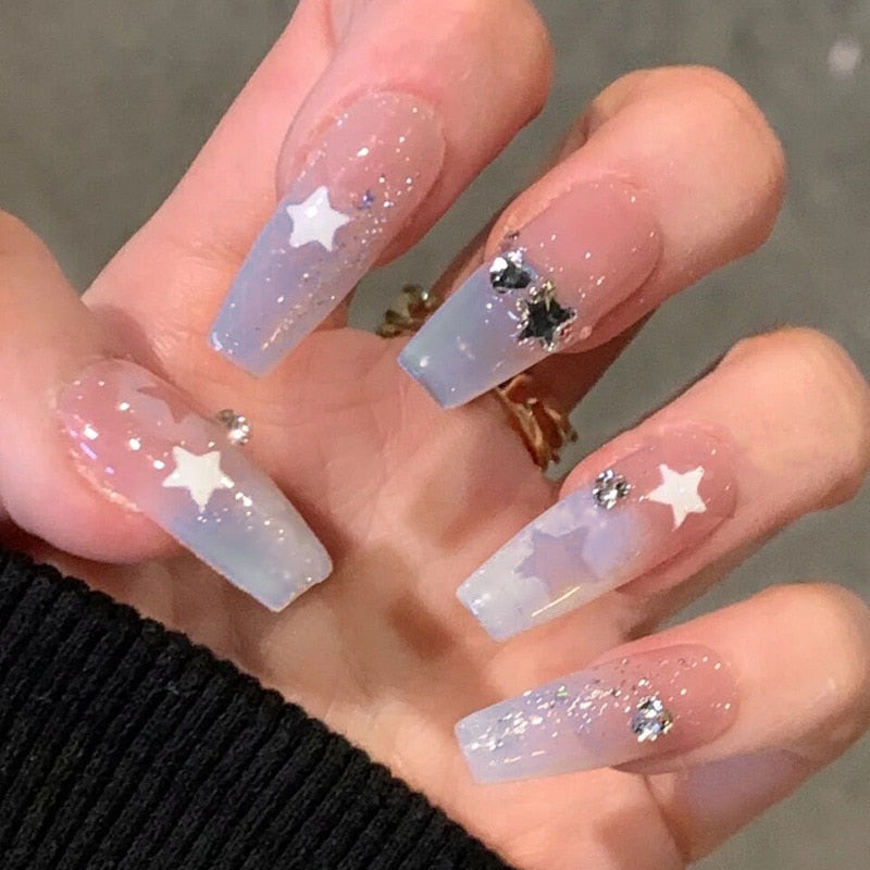 24Pcs Three-dimensional Love Heart False Nails with French Design Long Coffin Wearable Fake Nails Rhinestone Press on Nails Tips