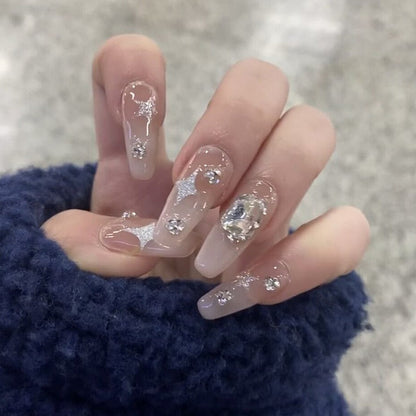 24Pcs Three-dimensional Love Heart False Nails with French Design Long Coffin Wearable Fake Nails Rhinestone Press on Nails Tips