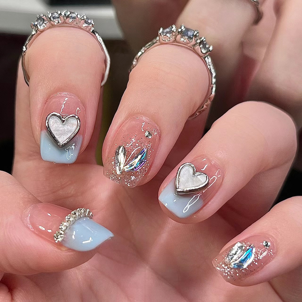 24Pcs Three-dimensional Love Heart False Nails with French Design Long Coffin Wearable Fake Nails Rhinestone Press on Nails Tips