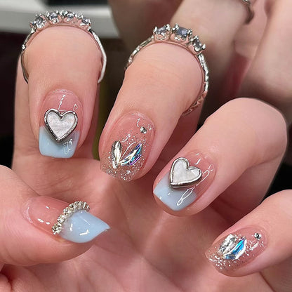 24Pcs Three-dimensional Love Heart False Nails with French Design Long Coffin Wearable Fake Nails Rhinestone Press on Nails Tips