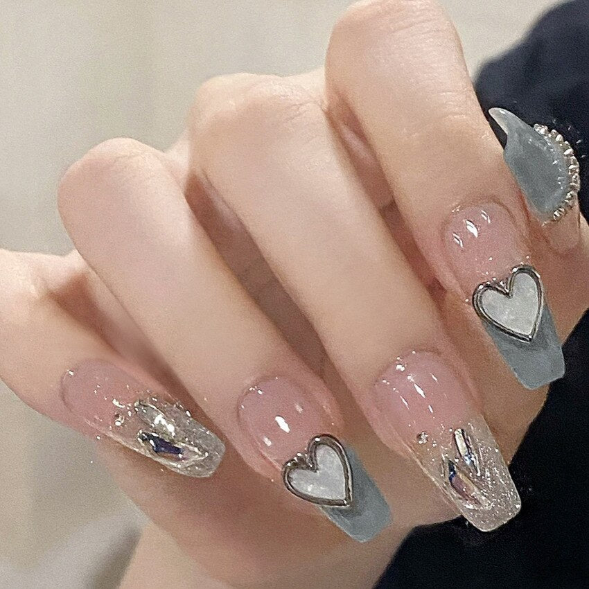 24Pcs Three-dimensional Love Heart False Nails with French Design Long Coffin Wearable Fake Nails Rhinestone Press on Nails Tips