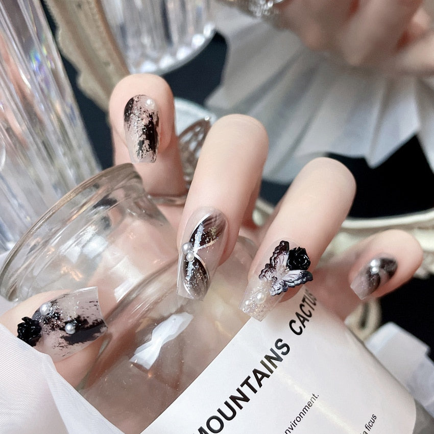 24Pcs Three-dimensional Love Heart False Nails with French Design Long Coffin Wearable Fake Nails Rhinestone Press on Nails Tips