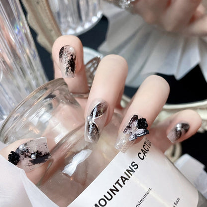 24Pcs Three-dimensional Love Heart False Nails with French Design Long Coffin Wearable Fake Nails Rhinestone Press on Nails Tips