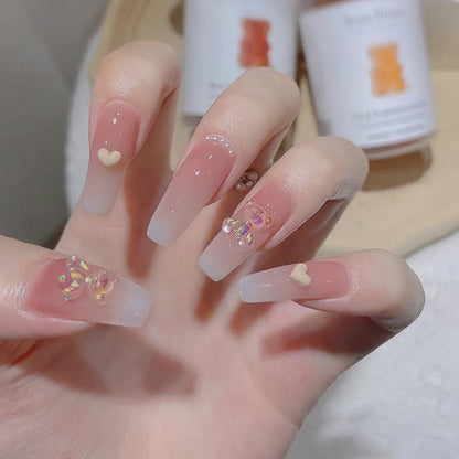 24Pcs Three-dimensional Love Heart False Nails with French Design Long Coffin Wearable Fake Nails Rhinestone Press on Nails Tips