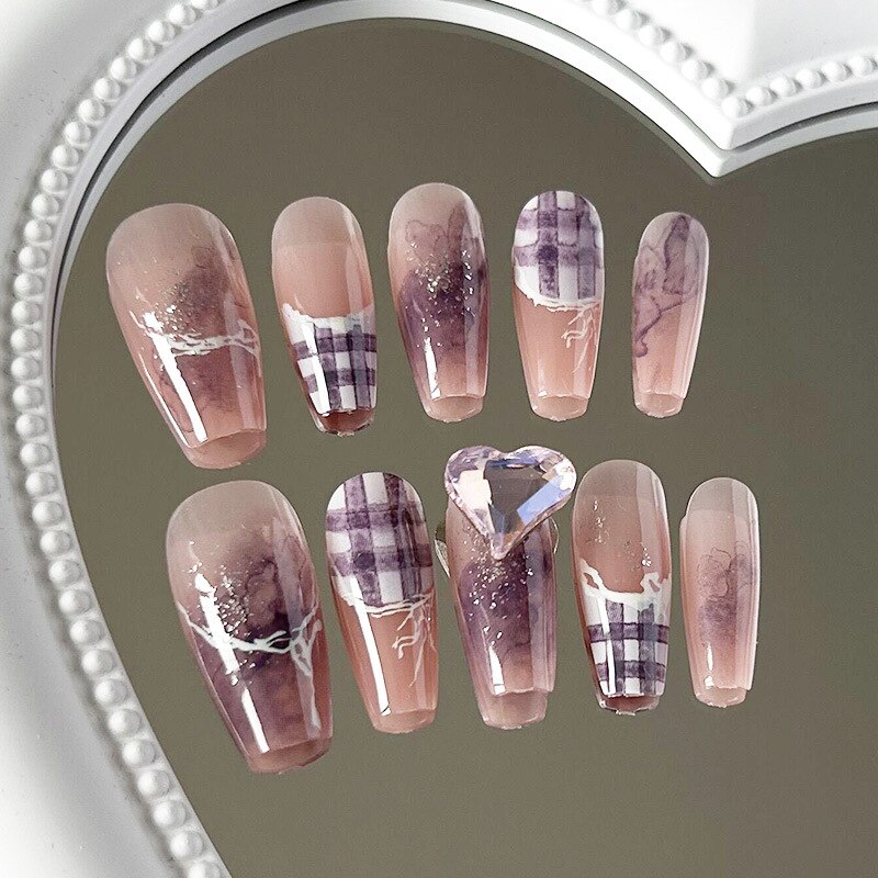 24Pcs Three-dimensional Love Heart False Nails with French Design Long Coffin Wearable Fake Nails Rhinestone Press on Nails Tips