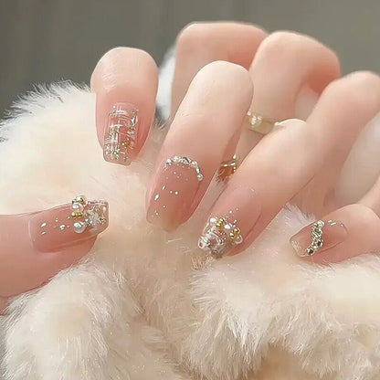 24Pcs Three-dimensional Love Heart False Nails with French Design Long Coffin Wearable Fake Nails Rhinestone Press on Nails Tips