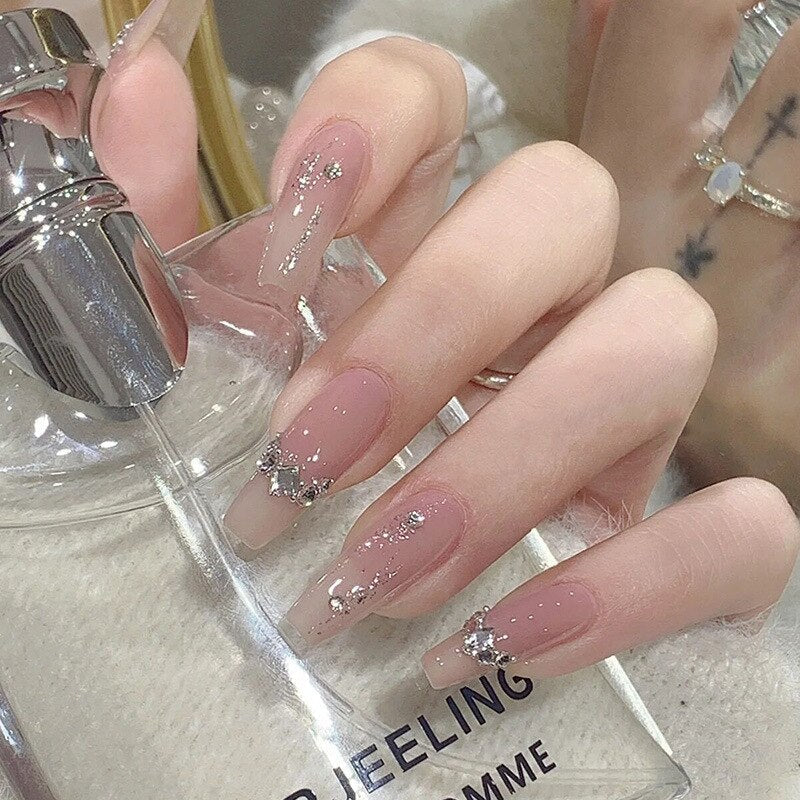 24Pcs Three-dimensional Love Heart False Nails with French Design Long Coffin Wearable Fake Nails Rhinestone Press on Nails Tips