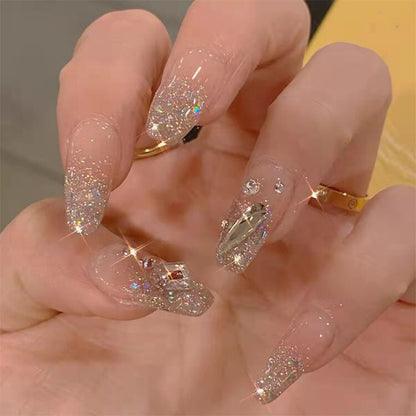 24Pcs Three-dimensional Love Heart False Nails with French Design Long Coffin Wearable Fake Nails Rhinestone Press on Nails Tips