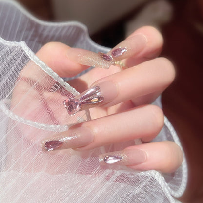 24Pcs Three-dimensional Love Heart False Nails with French Design Long Coffin Wearable Fake Nails Rhinestone Press on Nails Tips