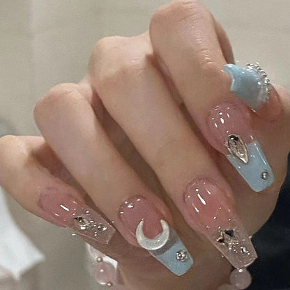 24Pcs Three-dimensional Love Heart False Nails with French Design Long Coffin Wearable Fake Nails Rhinestone Press on Nails Tips