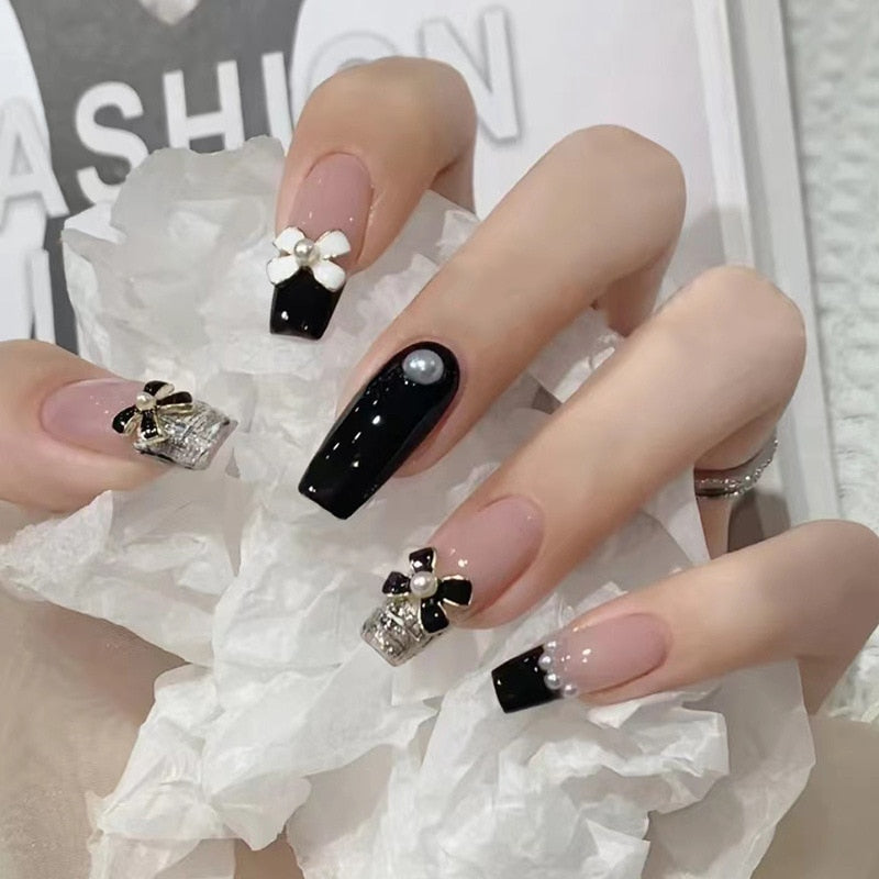 24Pcs Three-dimensional Love Heart False Nails with French Design Long Coffin Wearable Fake Nails Rhinestone Press on Nails Tips
