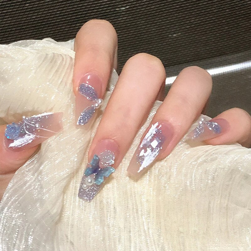 24Pcs Three-dimensional Love Heart False Nails with French Design Long Coffin Wearable Fake Nails Rhinestone Press on Nails Tips