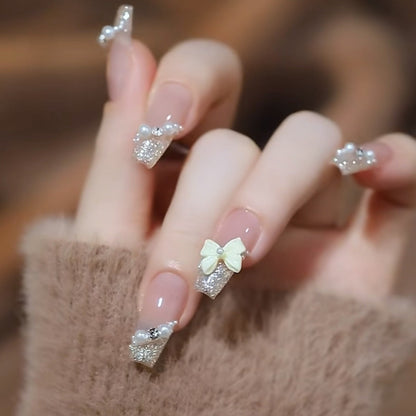 24Pcs Three-dimensional Love Heart False Nails with French Design Long Coffin Wearable Fake Nails Rhinestone Press on Nails Tips