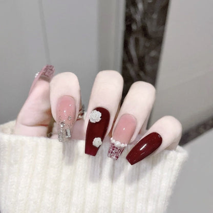 24Pcs Three-dimensional Love Heart False Nails with French Design Long Coffin Wearable Fake Nails Rhinestone Press on Nails Tips